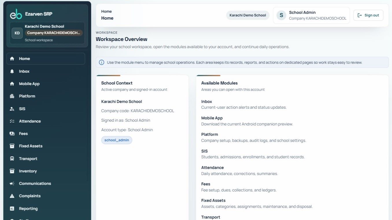Ezarven SRP tenant-bound administrator workspace using synthetic data